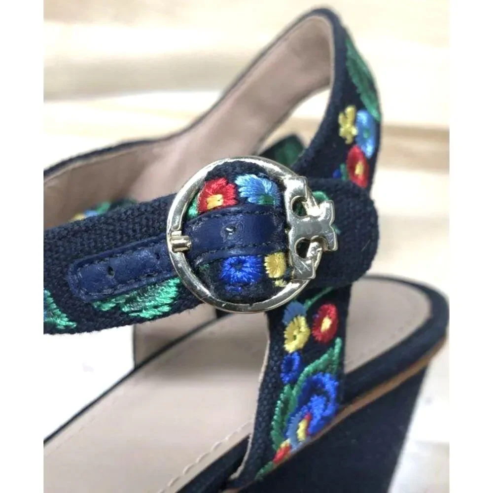 Tory Burch Sonoma Embroidered Floral Canvas Platform Wedge Sandals Ankle Strap